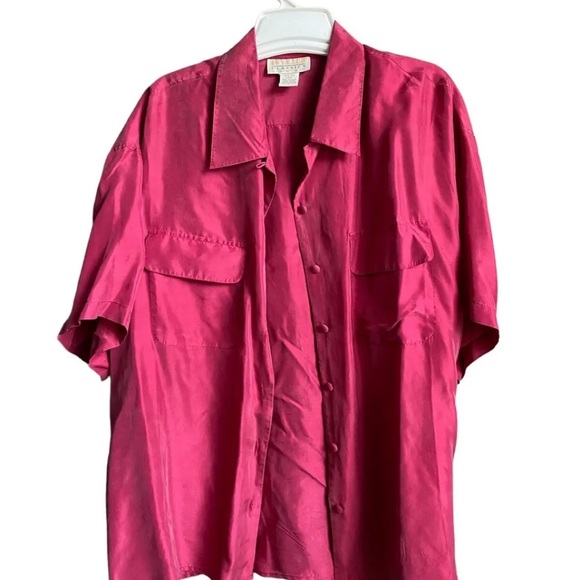 Vintage 80s Silk Button Up Blouse top burgundy short sleeve shirt magenta - Picture 5 of 6